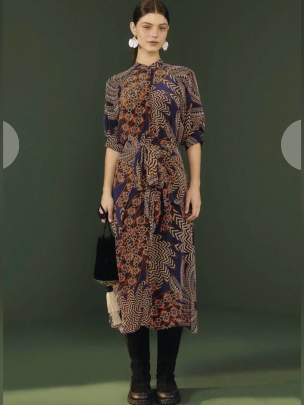 FARM Rio Navy & Brown Printed Tie-Waist Midi Dress- missing belt- - Picture 1 of 6
